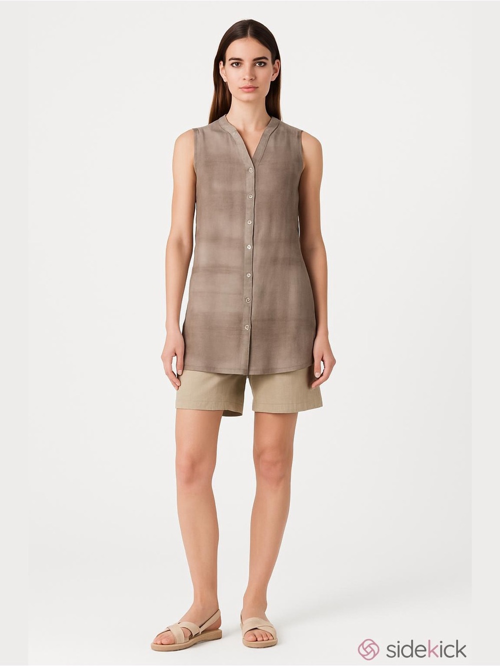 Eileen Fisher Silk Tunic Blouse Mandarin Collar Tan Oxidized Watercolor